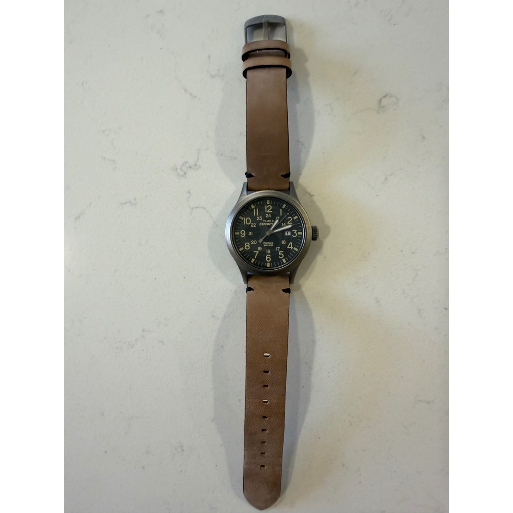 Timex Expedition Scout Watch Black Dial Tan Leather Strap TW4B01700 Indiglo